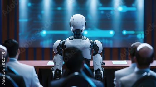 Wallpaper Mural Manager presenting at a conference, back view, conveying professional communication, robotic tone, Complementary Color Scheme Torontodigital.ca