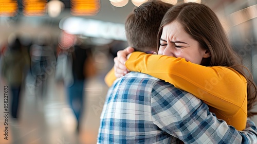 Emotional reunion hug in an airport as a couple embraces with joy and relief after time apart, exemplifying travel and togetherness.