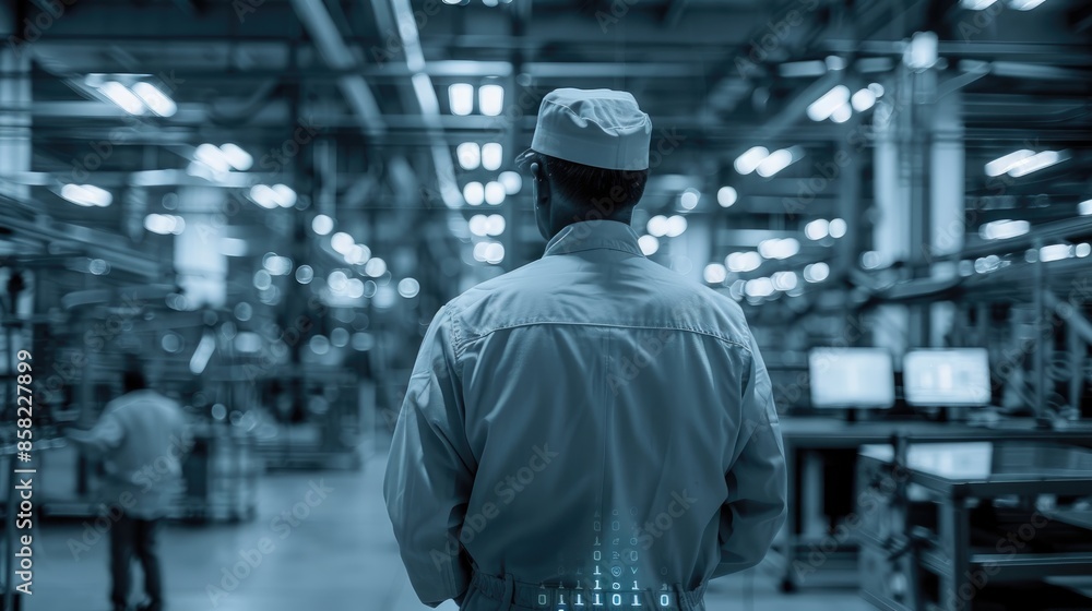 Senior engineer supervising factory floor, back view, focusing on production processes, digital binary as object, Monochromatic Color Scheme Senior engineer supervising factory floor, back view, focusing on production processes, digital binary as object, Monochromatic Color Scheme