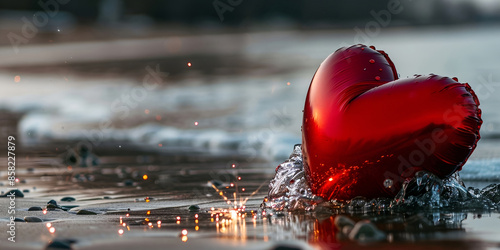 Inflatable red heart with lights, sparks and glitter on a beach. photo