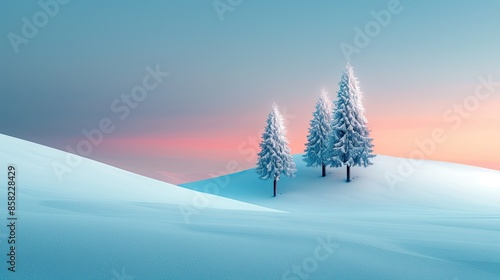 Scenic winter landscape with snow-covered trees during sunset, peaceful and serene natural beauty with vibrant sky and untouched snow. © Autaporn