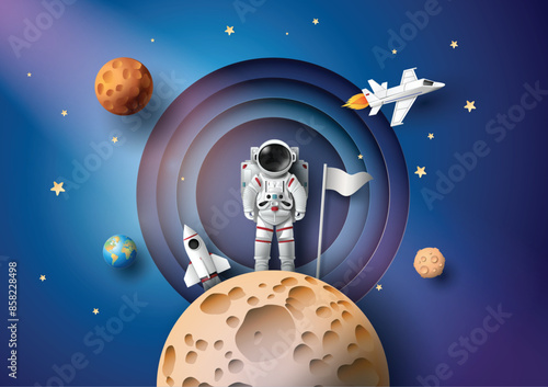  Astronaut Holding Flag with Rocket, Planets and Galaxy in Background