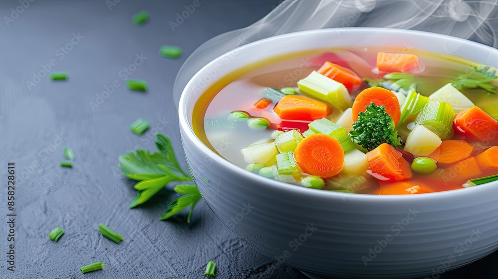 Steaming bowl of fresh vegetable soup on dark background, garnished with parsley and green onions, perfect for healthy eating. Steaming bowl of fresh vegetable soup on dark background, garnished with parsley and green onions, perfect for healthy eating.
