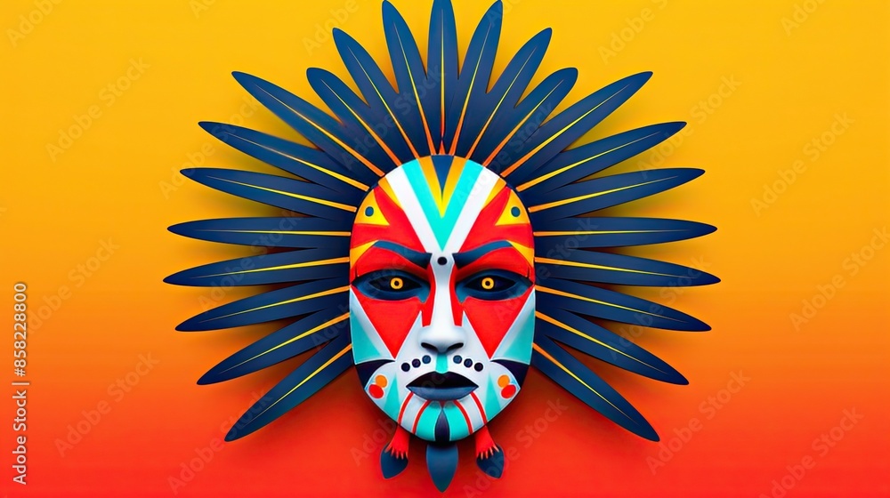 Vibrant colorful mask with geometric designs and feathers on a warm gradient background, representing cultural and artistic expression. Vibrant colorful mask with geometric designs and feathers on a warm gradient background, representing cultural and artistic expression.