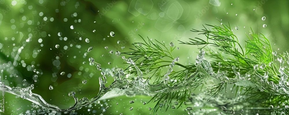dill in splashes of water on a green background, food levitation dill in splashes of water on a green background, food levitation