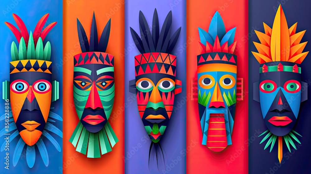 Vibrant tribal masks with intricate designs on a colorful background, showcasing rich cultural artistry and vibrant colors. Vibrant tribal masks with intricate designs on a colorful background, showcasing rich cultural artistry and vibrant colors.