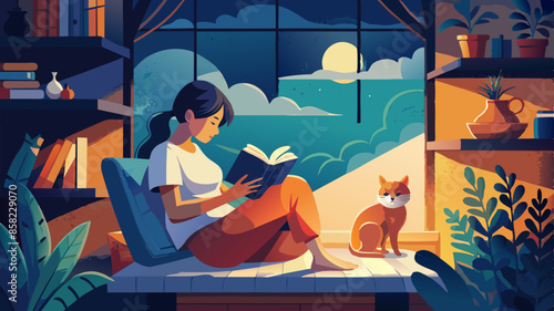 Woman reading a book on a window sill next to a cat. A woman is leisurely seated on a windowsill, engrossed in a book, accompanied by a cat
