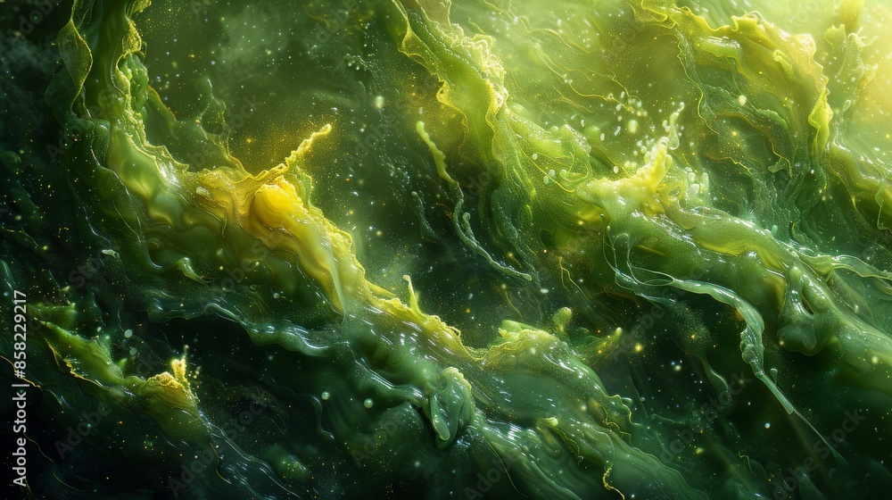 Fototapeta premium An ethereal and cosmic-like green abstract rendering with fluidic swirling patterns and light particles giving a sense of motion and infinite space, creating a visual symphony.