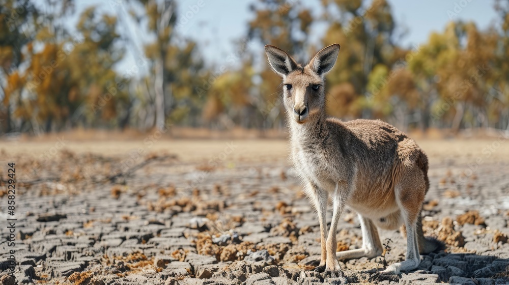 A kangaroo is standing in a dry, barren field A kangaroo is standing in a dry, barren field