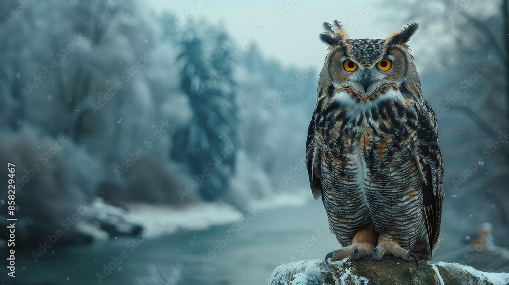 A large owl is perched on a rock near a river A large owl is perched on a rock near a river