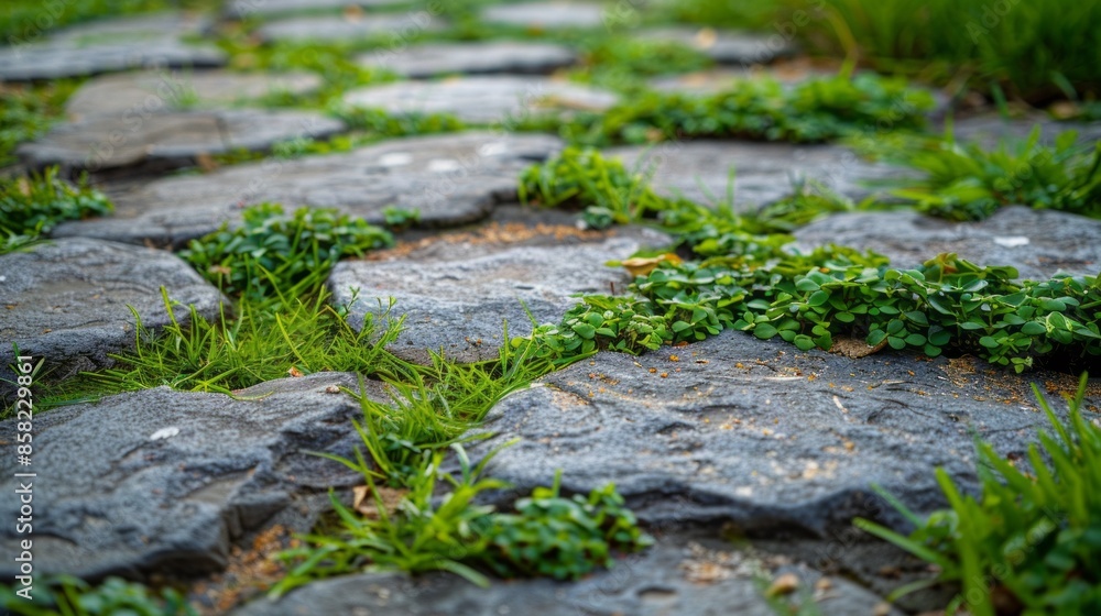 Naklejka premium A stone path with grass growing out of the cracks