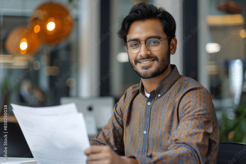 Obraz premium Young Indian business manager in modern office, holding documents and smiling while working at desk with laptop, engaged in video call with clients