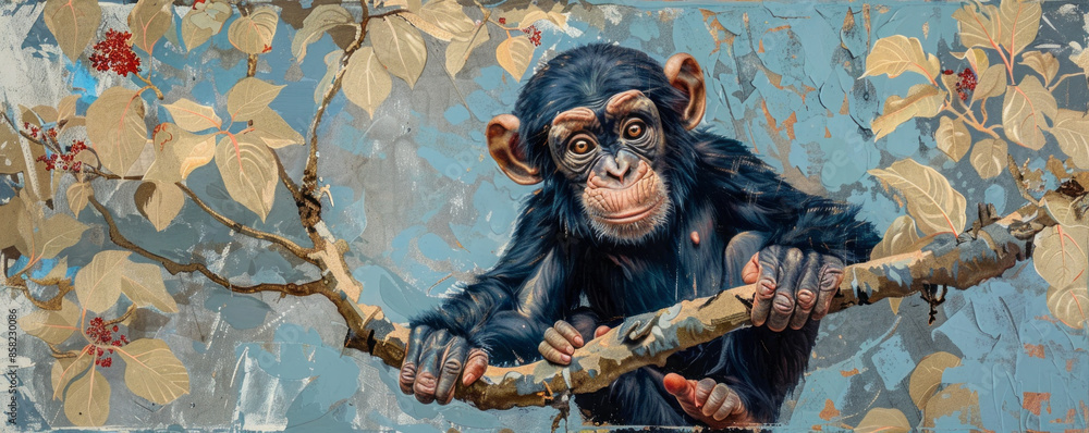 Obraz premium A mischievous chimpanzee swinging from branch to branch, its eyes sparkling with curiosity.