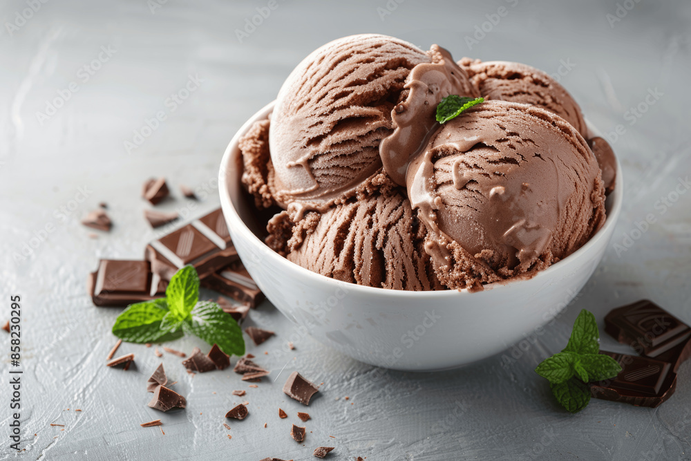 Chocolate Ice Cream Scoops in White Bowl with Mint and Chocolate Pieces on Light Background with Space for Text Chocolate Ice Cream Scoops in White Bowl with Mint and Chocolate Pieces on Light Background with Space for Text