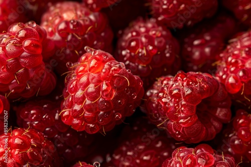 A close up of a bunch of red raspberries photo