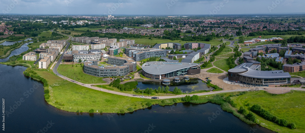 Fototapeta premium York University, aerial view of the University of York, England. Campus and main buildings on a summers day.