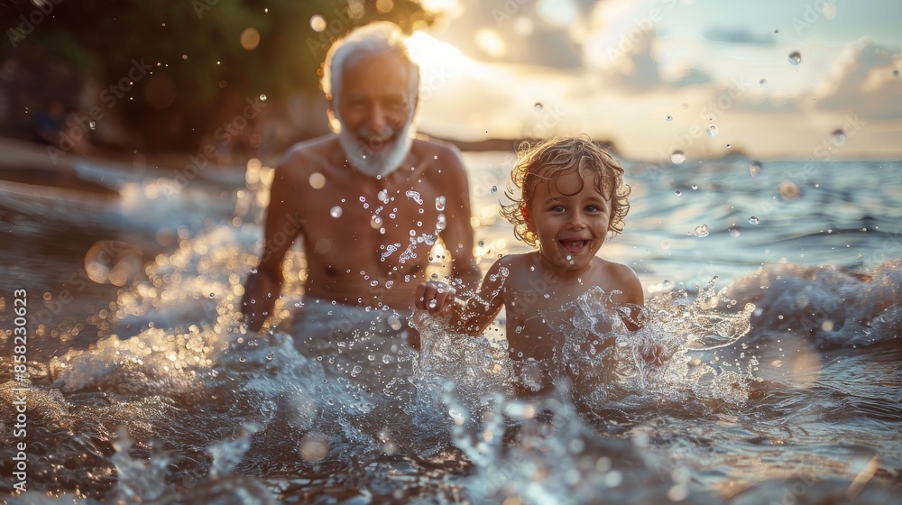 An older man and a young child are seen playing and splashing in shallow beach waters with the golden sunset in the background, symbolizing joy and togetherness. An older man and a young child are seen playing and splashing in shallow beach waters with the golden sunset in the background, symbolizing joy and togetherness.