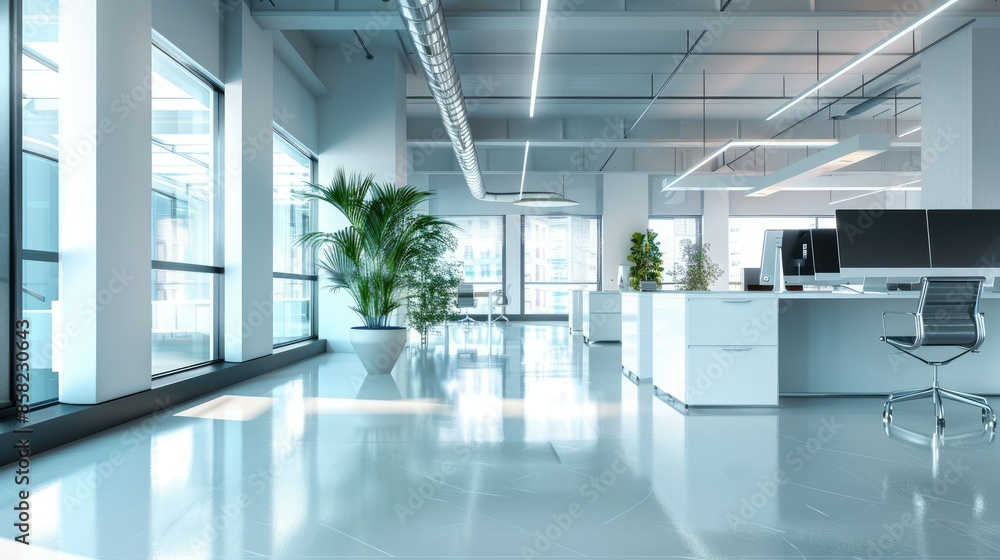 A clean, minimalist office space with virtual reality workstations and holographic communication devices AI generated A clean, minimalist office space with virtual reality workstations and holographic communication devices AI generated