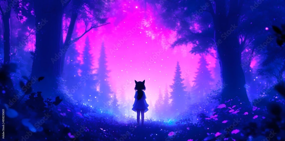 Fototapeta premium A girl with cat ears is standing in a magical forest