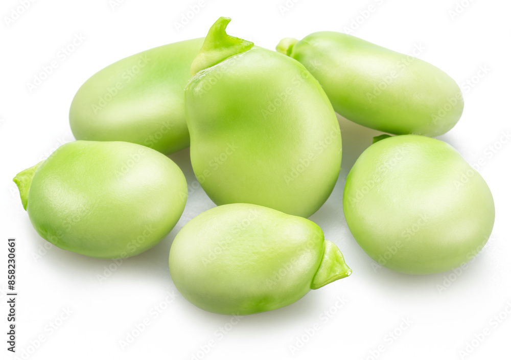 Pile of green young broad beans isolated on white background. Pile of green young broad beans isolated on white background.