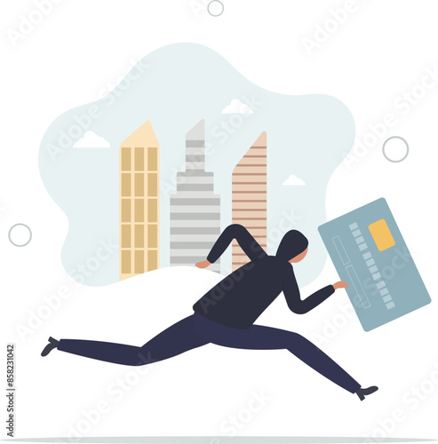 Credit card theft .man stealing personal data and identity in bank, criminal running down city.flat illustration.