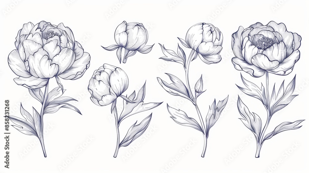 White background with hand-drawn peonies, line-art White background with hand-drawn peonies, line-art