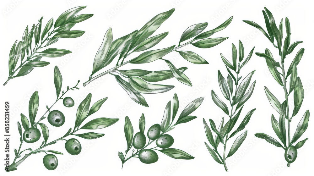 A collection of olive sketch elements, isolated olive branches, leaves, olives, modern hand drawn illustrations A collection of olive sketch elements, isolated olive branches, leaves, olives, modern hand drawn illustrations