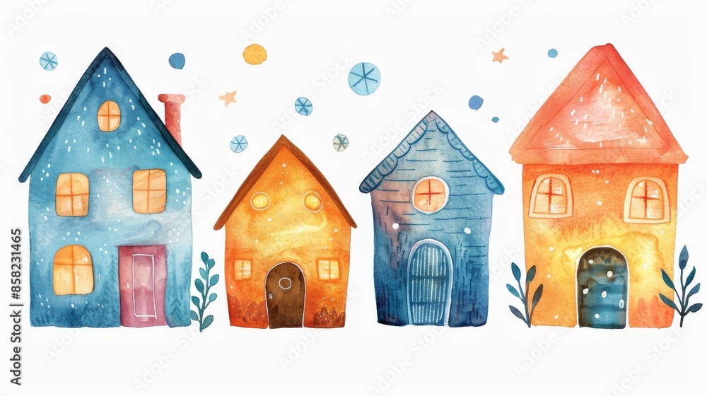Watercolor houses' silhouettes isolated on white, with cosmic texture. Hand-drawn illustration in Procreate Watercolor houses' silhouettes isolated on white, with cosmic texture. Hand-drawn illustration in Procreate
