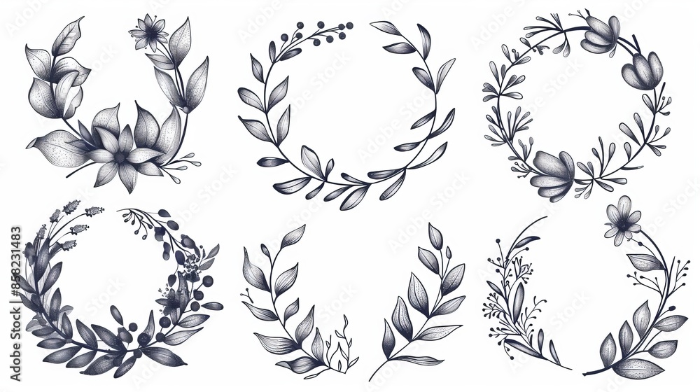 Fototapeta premium Set of hand drawn ornamental branch wreaths with laurel leaves and decorative branch bundle. Different herbs, twigs, flowers, and plants as curl elements. Modern floral design.