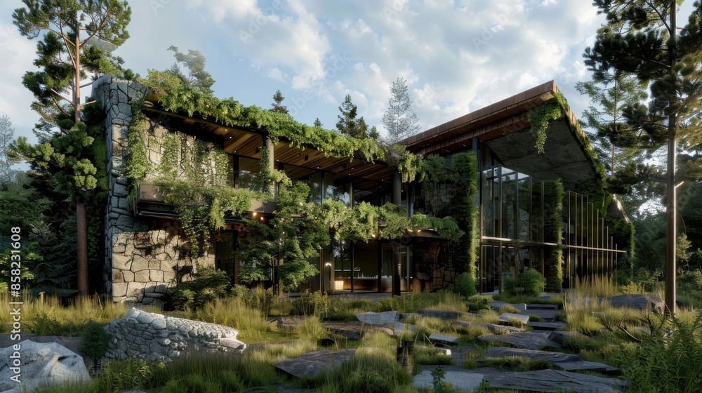 Ecofriendly building with stone and timber construction Ecofriendly building with stone and timber construction