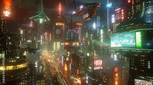 A futuristic cityscape at night with glowing skyscrapers, flying cars, and advanced holographic advertisements AI generated