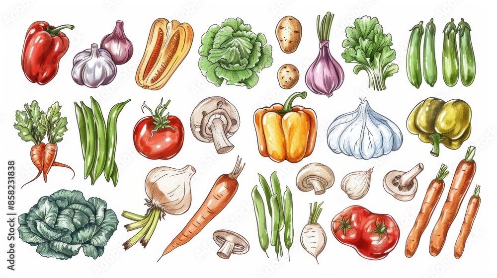 Hand-drawn illustration of vegetables on white background. Harvesting and vegetarianism. Hand-drawn illustration of vegetables on white background. Harvesting and vegetarianism.