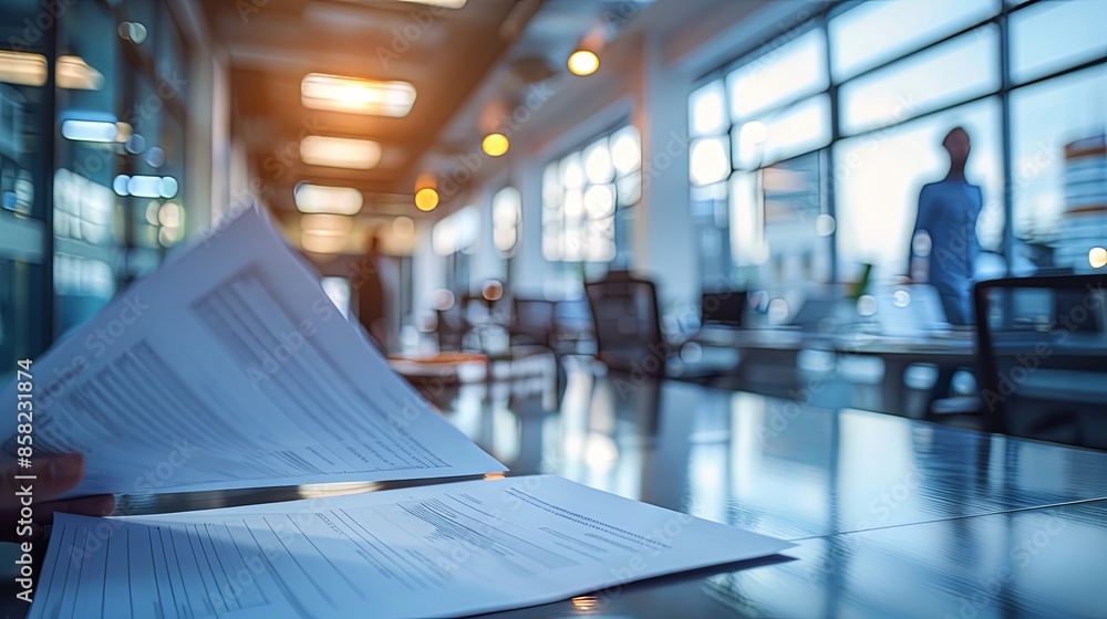 A person is seen holding papers in a modern, well-lit office environment. The room includes large windows and a blurred figure in the background. A person is seen holding papers in a modern, well-lit office environment. The room includes large windows and a blurred figure in the background.