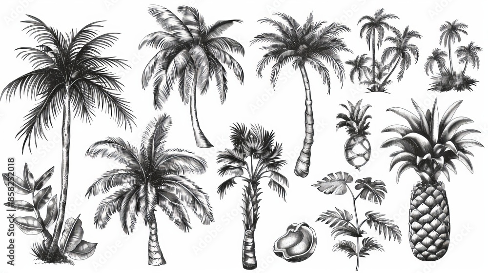 A black and white doodle element set with palm trees illustrating a tropical plant painting. A collection of isolated tropical vacation clipart in vintage art style. A black and white doodle element set with palm trees illustrating a tropical plant painting. A collection of isolated tropical vacation clipart in vintage art style.