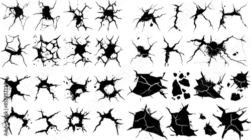 Set of vector illustrations of cracks. holes on stone grunge or wall surface, collapse, broken crack, damage, crevice, crack grunge texture collection isolated on white.