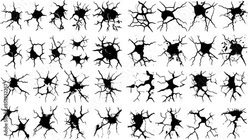 Set of vector illustrations of cracks. holes on stone grunge or wall surface, collapse, broken crack, damage, crevice, crack grunge texture collection isolated on white.