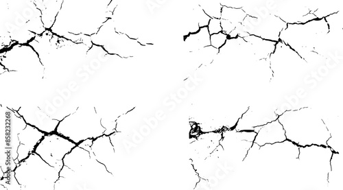 Surface fissures and cracks grunge from earthquake top view in ground. Collection of crack vectors. Collection of wall cracks.