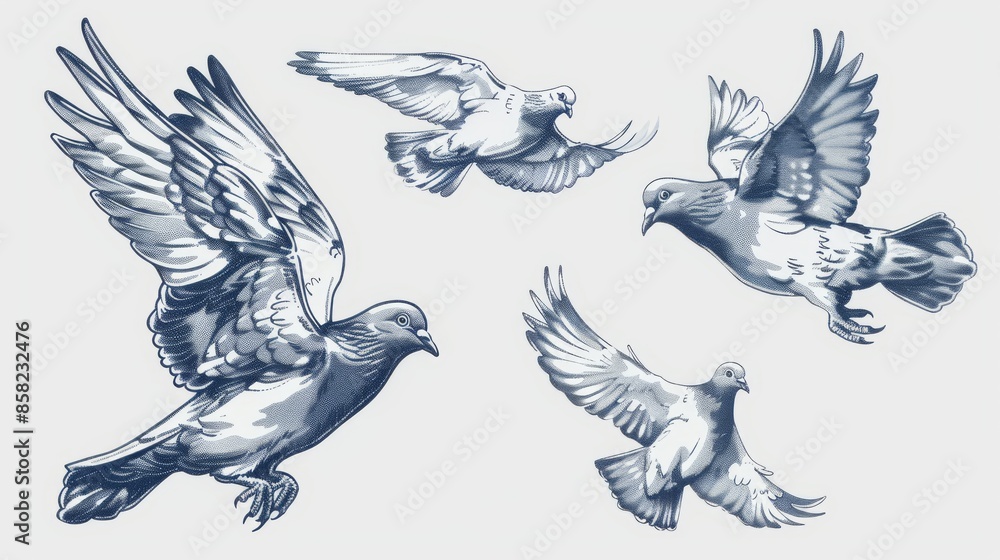 Obraz premium A vintage style modern illustration featuring beautiful flying pigeons, hand drawn graphic design and digital sketches of birds and animals. This can be used for posters, prints, postcards, t-shirts,