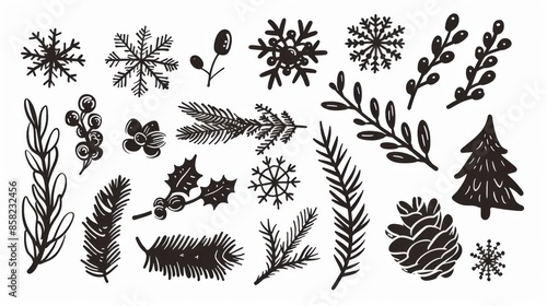 Black modern illustration of christmas doodles in outline style. Pine cones, snowflakes, leaves, fir branches, mistletoe. © Антон Сальников