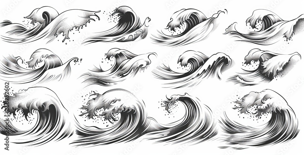 Sketch of sea waves on white background with tidal storms in the background. Sketch of sea waves on white background with tidal storms in the background.
