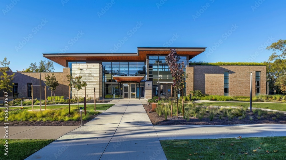Naklejka premium Modern Spanish building featuring a green roof