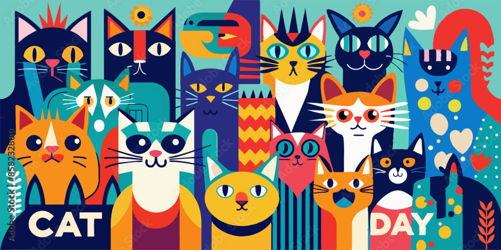 Several domestic cats are grouped on a blue backdrop. A group of multiple cats are positioned closely together with a blue background behind them Several domestic cats are grouped on a blue backdrop. A group of multiple cats are positioned closely together with a blue background behind them