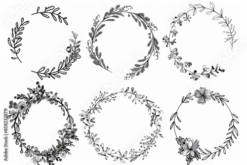 Collection of different herbs, twigs, flowers and plants curl elements. Modern floral design. Laurel leaves wreath and decorative branch bundle.
