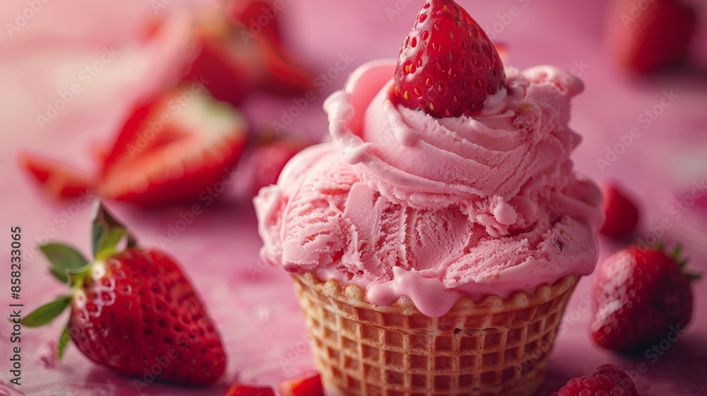 A delicious strawberry ice cream served in a waffle cone, topped with a fresh strawberry, set against a vibrant pink backdrop with scattered strawberries around.