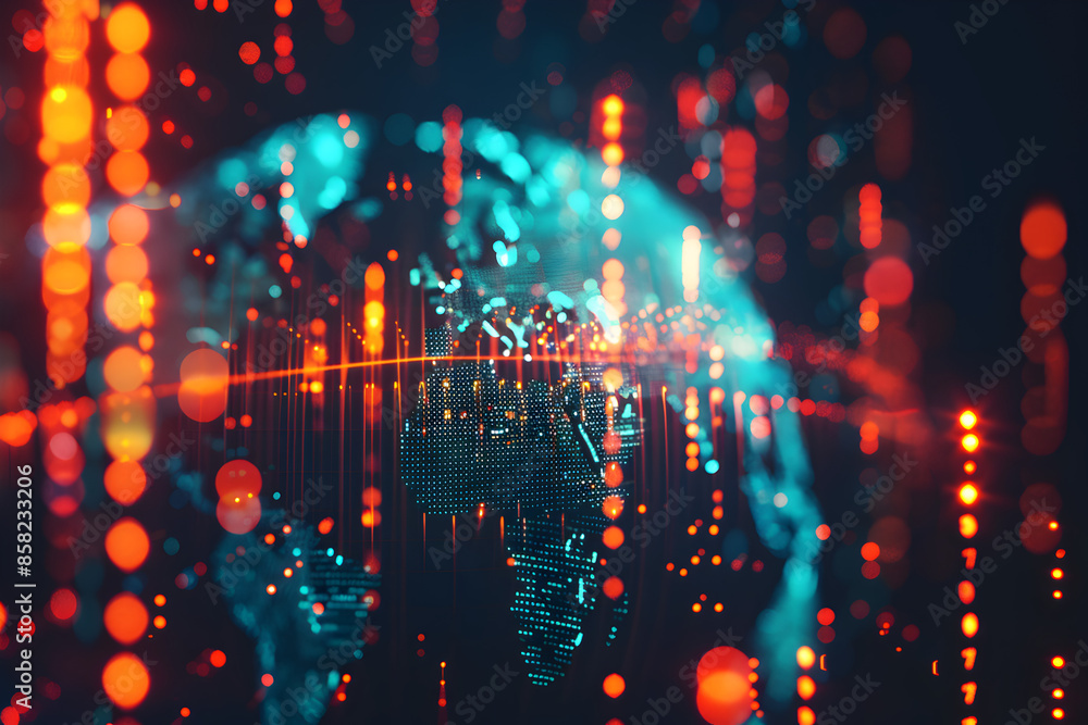 An abstract globe with glowing data points.
An abstract globe with glowing data points.