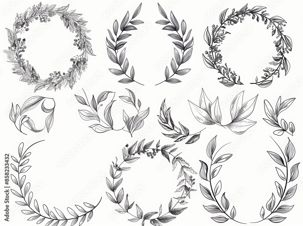 Fototapeta premium Set of Laurel leaf wreaths, olive branches and round floral ornament frame moderns. Bundle of victory or triumph symbols.