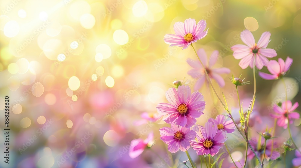 Pink cosmos flower on garden border with blurred background and gentle sunlight for floral poster Close up blooms in soft spring atmosphere Pink cosmos flower on garden border with blurred background and gentle sunlight for floral poster Close up blooms in soft spring atmosphere