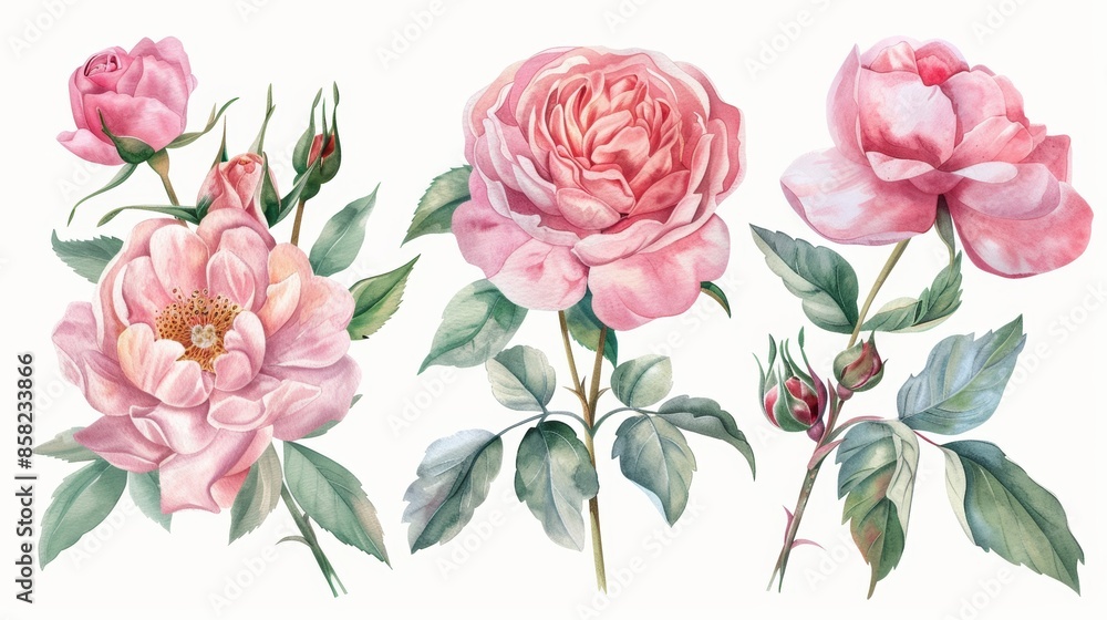 The watercolor set includes garden roses, peonies, leaves and branches. This illustration is isolated on a white background. The watercolor set includes garden roses, peonies, leaves and branches. This illustration is isolated on a white background.