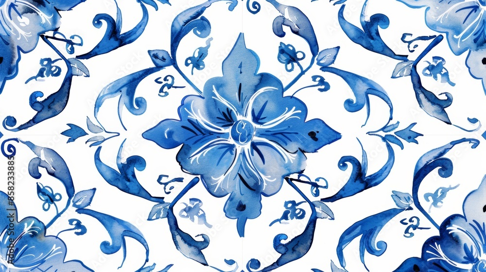 Modern seamless pattern with watercolor hand drawn blue Dutch tiles. Stock illustration. Modern seamless pattern with watercolor hand drawn blue Dutch tiles. Stock illustration.