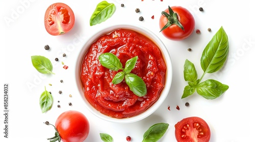 Tomato sauce with basil on a white background © Sania